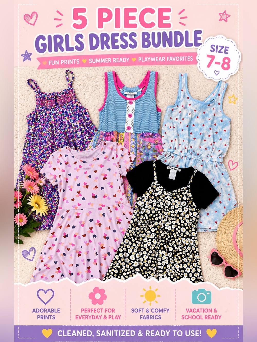 Y2K Kidcore Girls Dress Bundle 5Pc Hearts Floral Romper Playwear 7 8 Lot E15